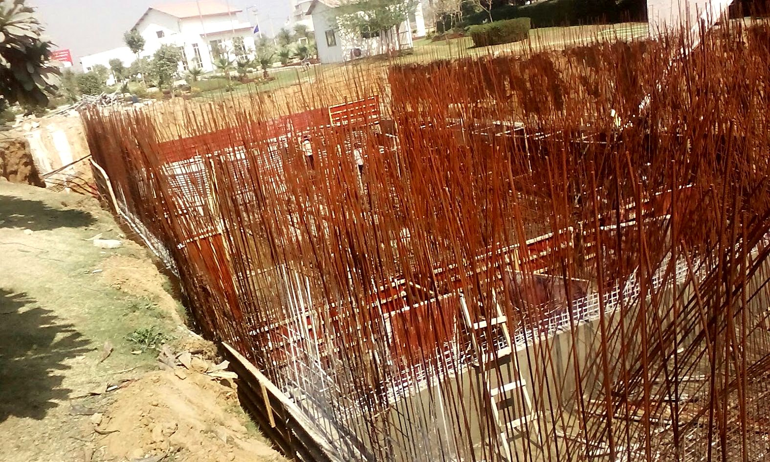 Reinforcement cage and formwork erected for reinforced cement concrete treatment tank walls