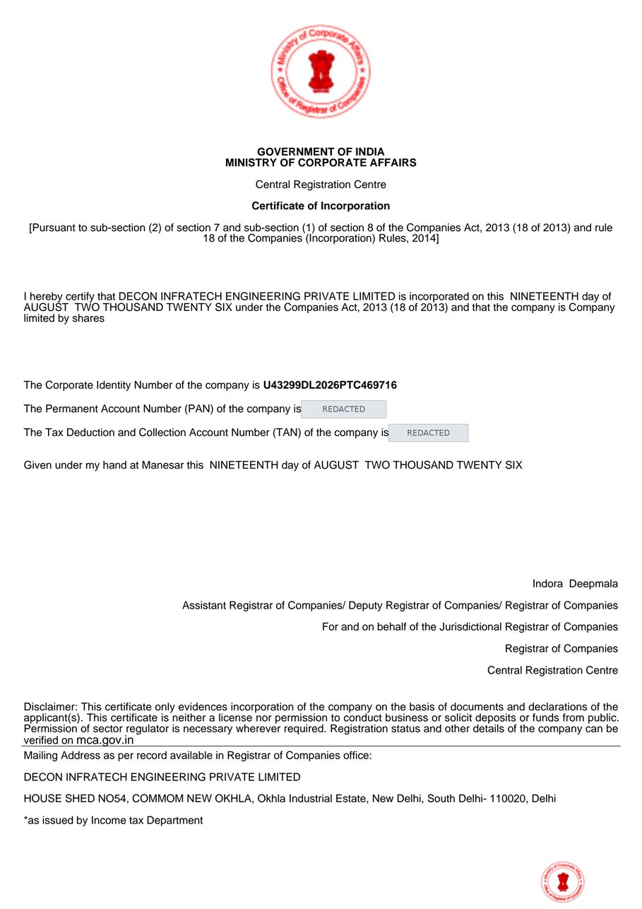 Certificate of Incorporation of Decon Infratech Engineering Private Limited