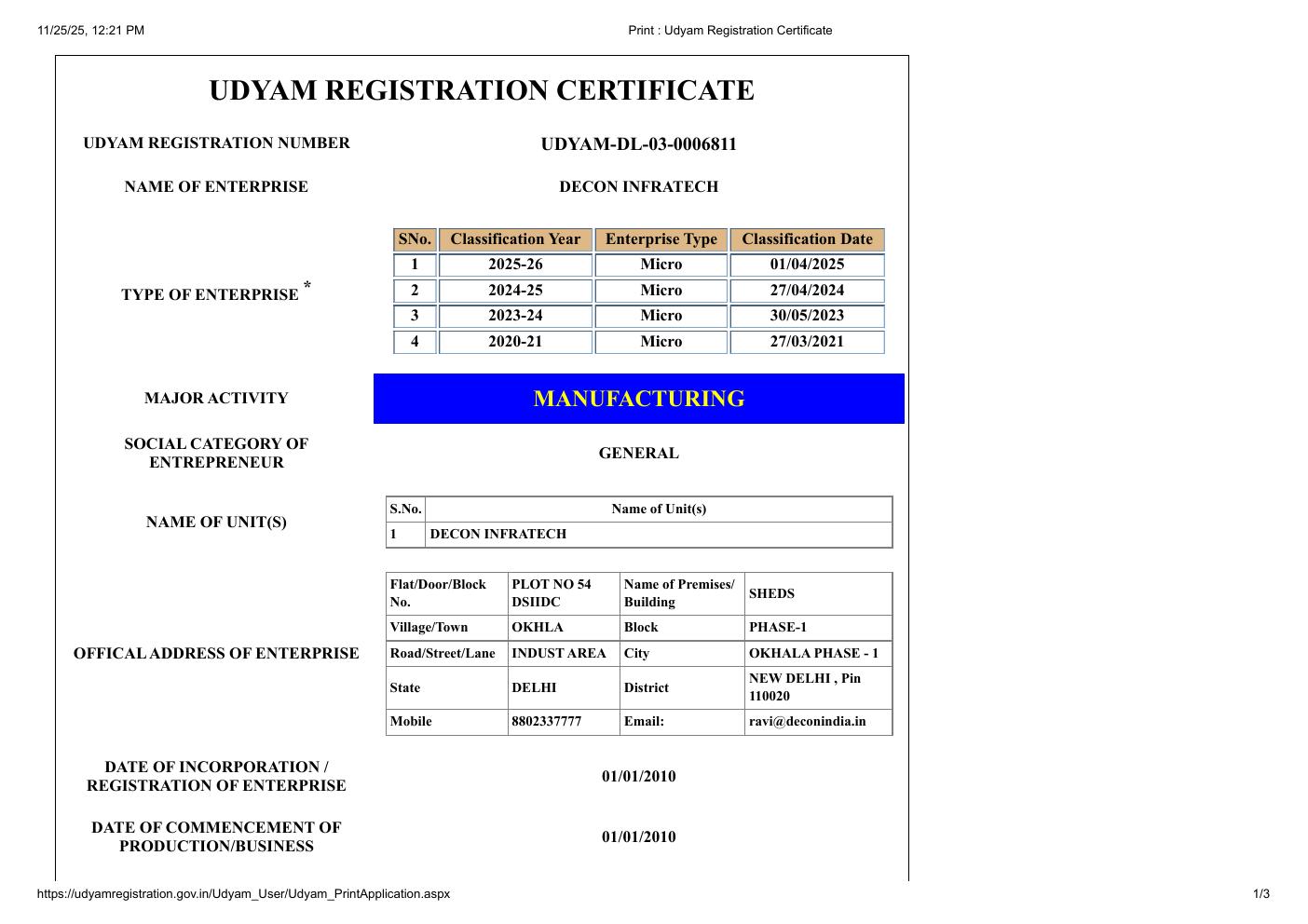 MSME / Udyam Registration certificate preview